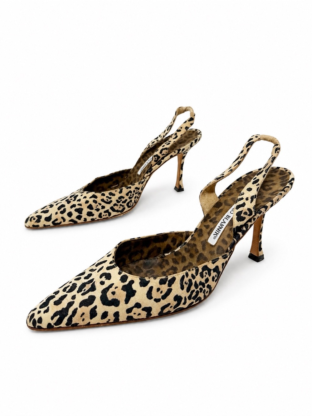 Manolo Blahnik Carolyne Leopard Print Canvas Slingback Heels Womens Size EU 39.5